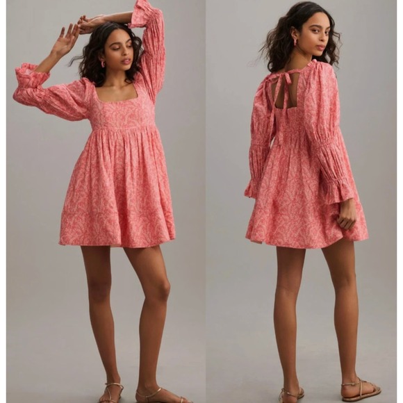 Pilcro Dresses & Skirts - Pilcro Anthropologie Pink White Floral Puff Sleeve Babydoll Mini Dress‎ XL